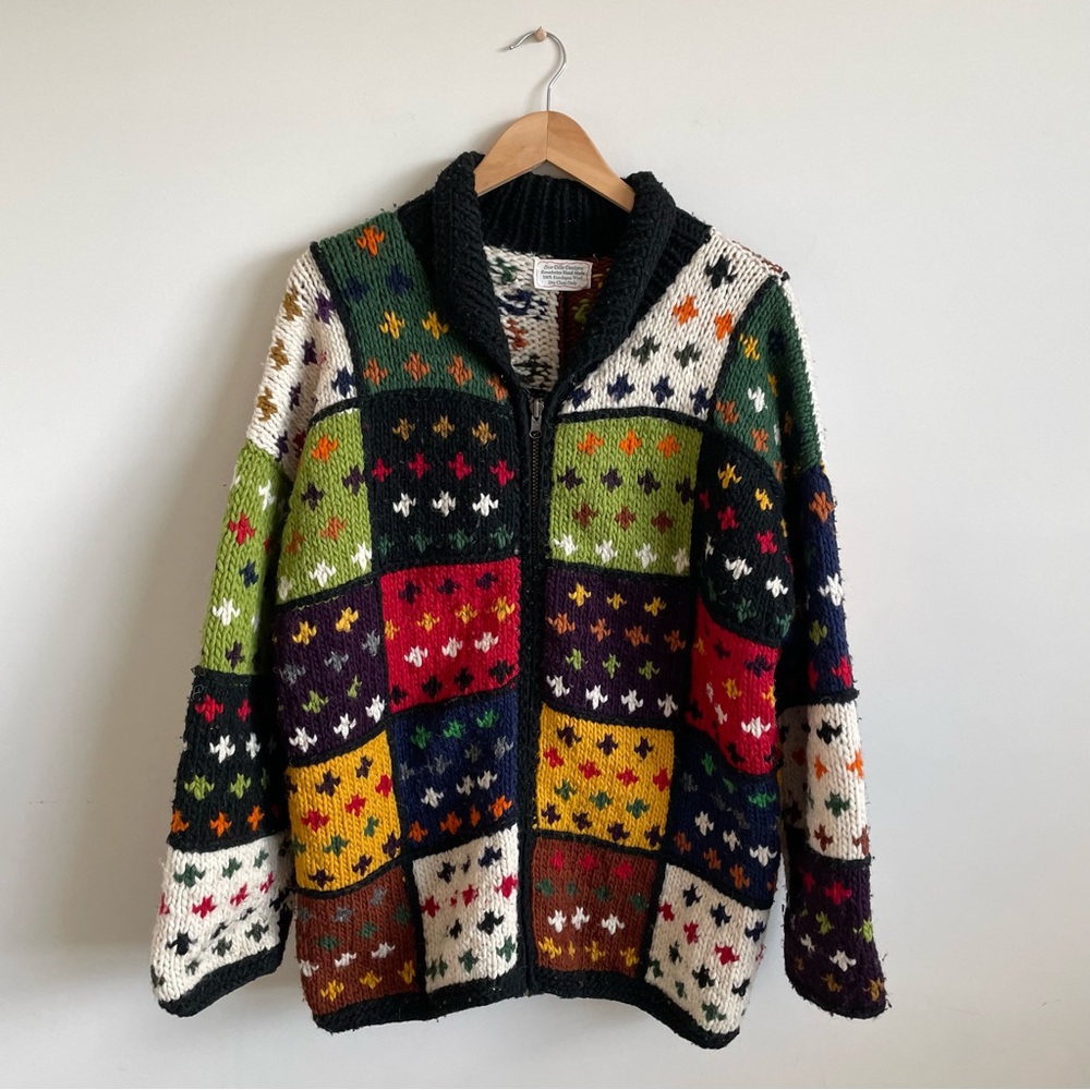 Vintage 100% Wool Colorful Rainbow Cardigan Sweater